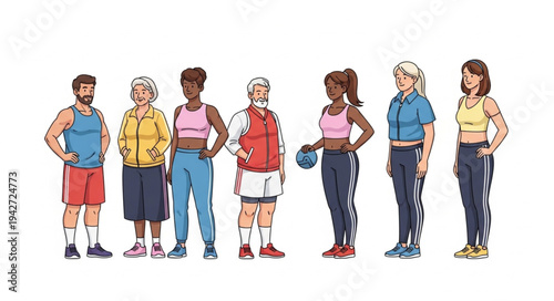 Group of Cartoon Athletes Standing.