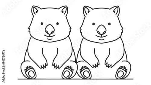 Playful Wombat Duo Illustration: Two adorable wombats sit side by side in a charming black and white illustration, showcasing their endearing features and playful nature.
