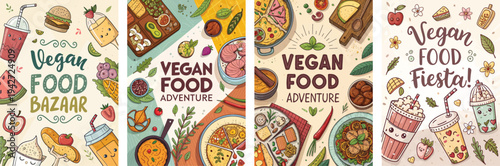 Colorful and playful vegan food illustrations showcasing diverse dishes.
