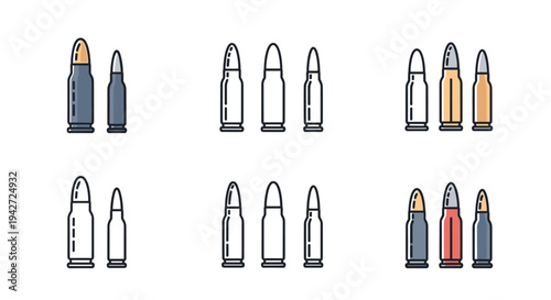 Set of various ammunition bullet icons shows different calibers and styles including outline and colored vector versions.