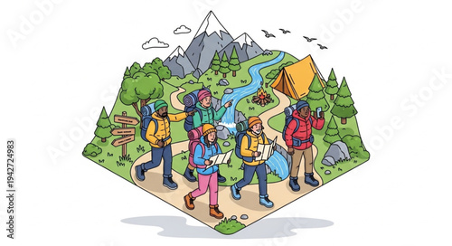 Group of Hikers on Mountain Trail.
