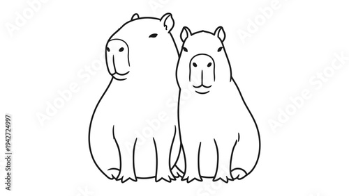 Capybara duo: Depicting a pair of adorable capybaras, these gentle giants sit together, exuding a sense of calm and companionship through simple lines.