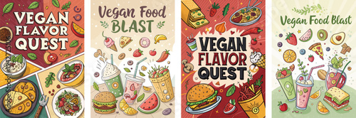 Colorful vegan food illustrations showcasing diverse dishes and flavors.
