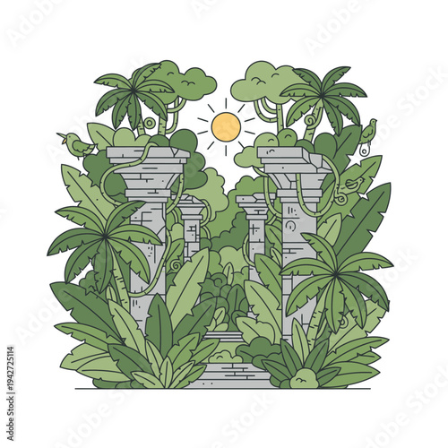 Ancient Jungle Ruins Overgrown with Lush Tropical Vegetation.