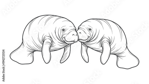 Sea Cow Companions: A heartwarming monochrome illustration depicts two manatees, their snouts gently touching in a gesture of affection and connection.