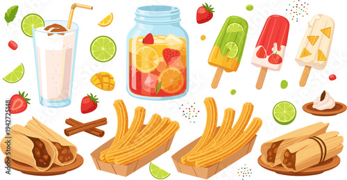 Mexican Sweet Snack and Drink Collection with Churros, Fruit Popsicles, Horchata, Fresh Fruit Jar, Cinnamon Sticks, and Traditional Dessert Vector Illustration Set