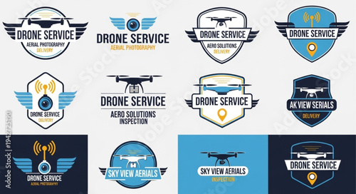 Collection of Drone Service Logos with Winged Drone Designs.