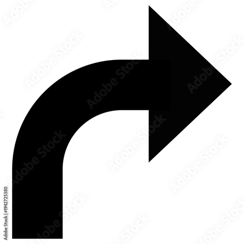 Black Right Curve Arrow Icon Isolated on White Background