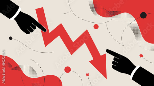 This illustration depicts a dramatic decline represented by a red jagged line and indicated by pointing hands against a neutral backdrop high quality professional detailed modern
