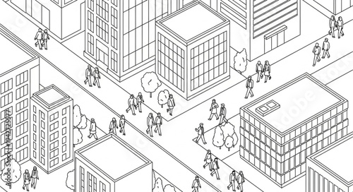 Isometric Cityscape Sketch with Pedestrians and Buildings.