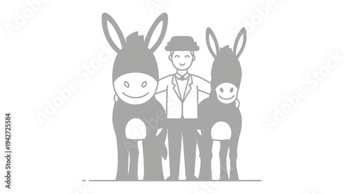 Human and Donkey Duo: A whimsical illustration depicts a friendly figure standing joyfully between two endearing donkeys, capturing a moment of friendship and shared connection.