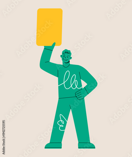 Man holding yellow card. Symbol for soccer sport. Colorful vector illustration
