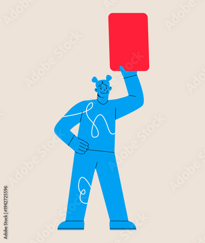 Woman holding red card. Symbol for soccer sport. Colorful vector illustration