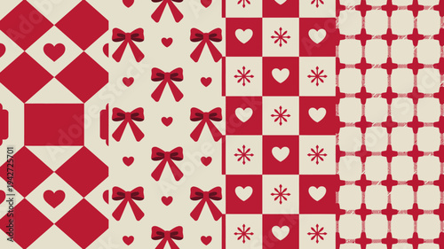 This image showcases a repeating pattern of red and cream colored squares adorned with hearts bows and floral designs high quality professional detailed modern elegant stylish