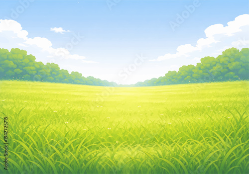 Sunny Green Meadow Landscape with Lush Grass, Distant Trees and Blue Sky Nature Background Vector Illustration