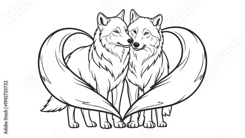 Wolf's Affectionate Embrace: Two wolves, united in affection, their tails intertwined to form a heart, a symbol of enduring love and companionship.
