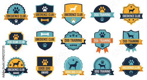 Collection of dog training club logo designs with paw prints and dog silhouettes.