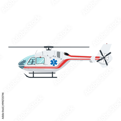 A white and red medical helicopter with a blue star of life symbol on its side against a clean white background.