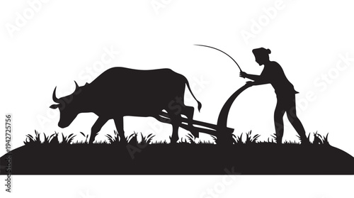 Farmer plowing a field with a water buffalo silhouette, agricultural scene, black and white illustration