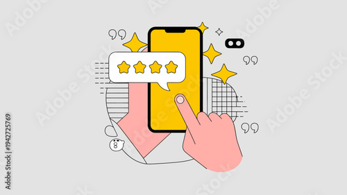 A hand is pointing towards a smartphone displaying a five star review within a speech bubble surrounded by stars high quality professional detailed modern elegant stylish