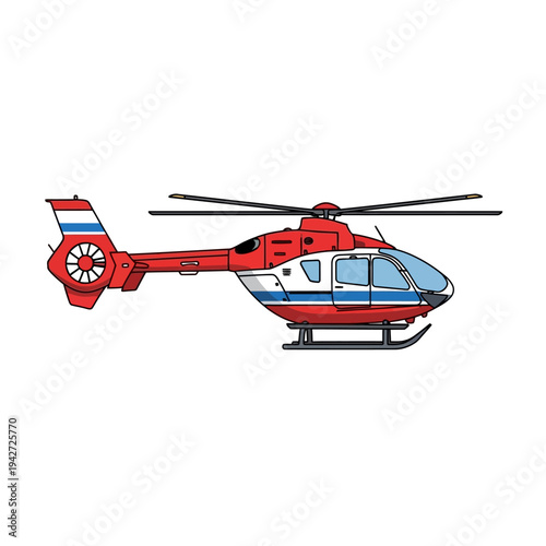 Illustration of a red and white helicopter with blue accents against a clean white background.