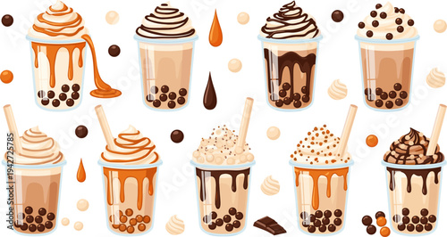 Bubble Tea Milkshake Drink Collection with Chocolate, Caramel, Coffee, Whipped Cream, Tapioca Pearls, and Sweet Dessert Beverages Vector Illustration Set
