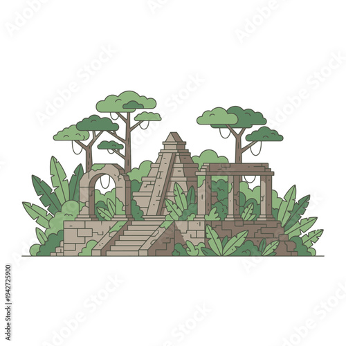 Ancient Jungle Ruins Temple Architecture Illustration.