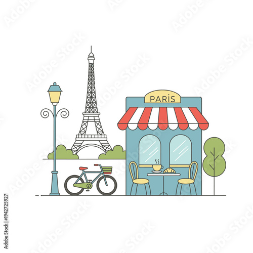Charming Parisian Cafe Scene with Eiffel Tower and Bicycle.