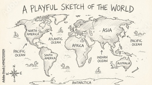 World map sketch with continents and playful global travel illustrations