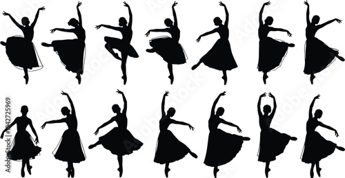 Vector collection of fourteen graceful ballerina silhouettes performing various classical dance poses in tutus isolated on white background for ballet school design