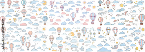 Colorful hot air balloons among cheerful clouds and sunny skies, creating a whimsical atmosphere.