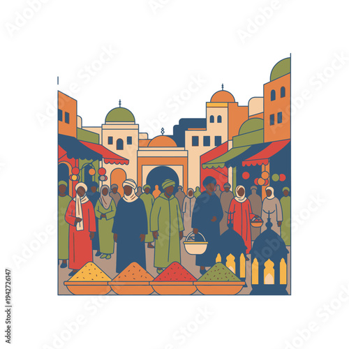 Vibrant Middle Eastern Market Scene with Diverse People.
