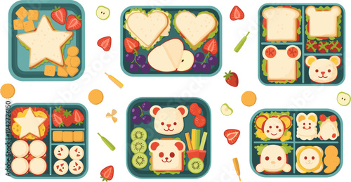 Cute Kids Bento Lunchbox Collection with Animal Sandwiches, Star Bread, Fruits, Vegetables, and Fun School Meal Food Vector Illustration Set