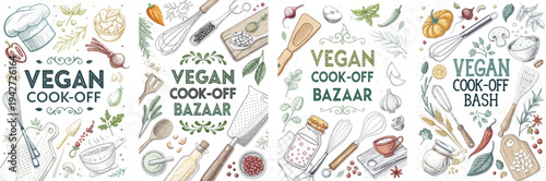 Colorful vegan cook-off banners featuring utensils, ingredients, and plants.