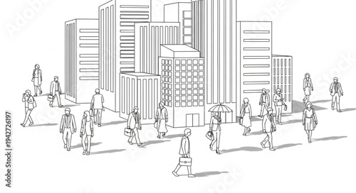 Cityscape with People - A Line Art Illustration of Urban Life.