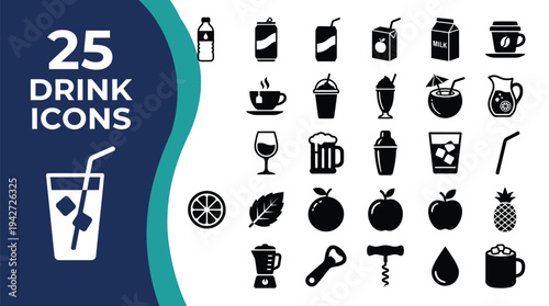 Collection of 25 simple vector icons representing various drinks and related items.