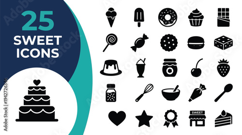 A collection of 25 sweet icons representing various desserts and treats.