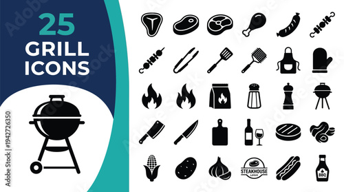 Collection of 25 grill icons representing food and cooking accessories