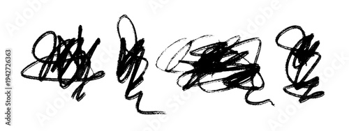 Doodle ink brush stroke set. Scribble handwriting, black crayon line art swirl. Hand drawn grunge decorative signature, sketch texture effect. Vector isolated illustration