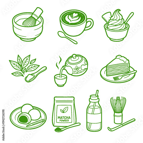 Matcha green tea cartoon set. Refreshing drink, ceramic cup, teapot, brewing tools. Hand-drawn vector illustration depicting a traditional Japanese tea ceremony.