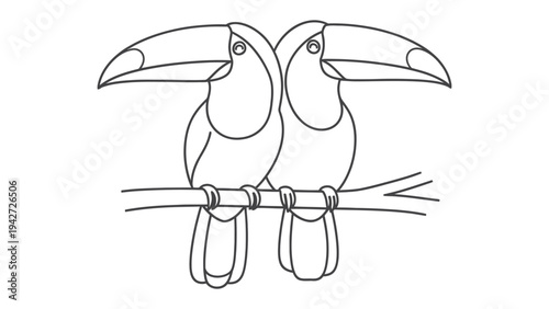 Tropical Toucan Duo: Two stylized toucans perch side-by-side on a branch. Their prominent beaks and sleek forms create a striking visual, perfect for a range of creative projects.