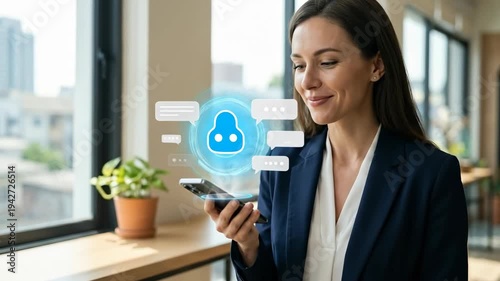 Woman using smartphone for artificial intelligence chatbot conversation. Digital messenger with chatbot icon on mobile screen. Future technology for customer service and automated communication.