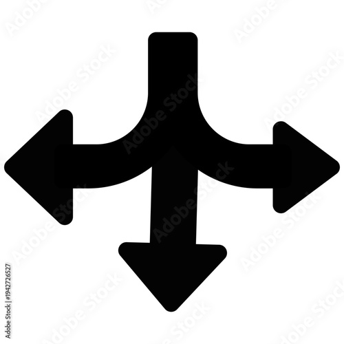 Black Three-Way Split Arrow Icon for Directional Choice and Navigation Options