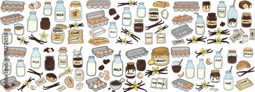 A vibrant collection of milk, eggs, sugar, and vanilla in various containers, perfect for baking enthusiasts.