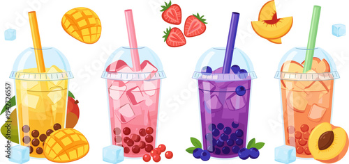 Fresh Fruit Bubble Tea Drink Collection with Mango, Strawberry, Blueberry, Peach, Ice Cubes, Tapioca Pearls, and Plastic Cups Vector Illustration Set