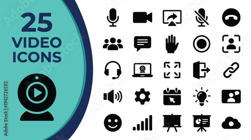 Collection of 25 video conferencing icons for digital communication platforms.