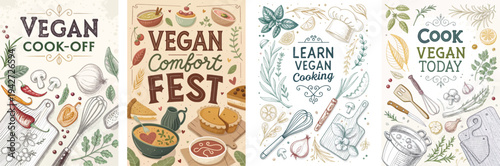 Colorful illustrations promoting vegan cooking events and learning.