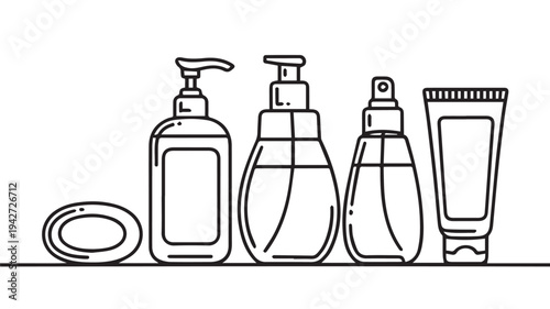Outline drawing of personal care products, including soap and bottles