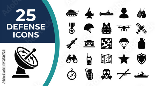 A collection of 25 defense and military icons are displayed.