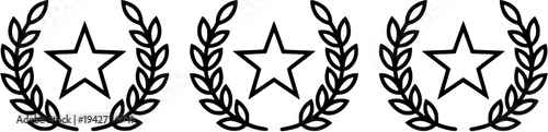 Three black star icons surrounded by laurel wreaths on a white background for use in ratings or awards